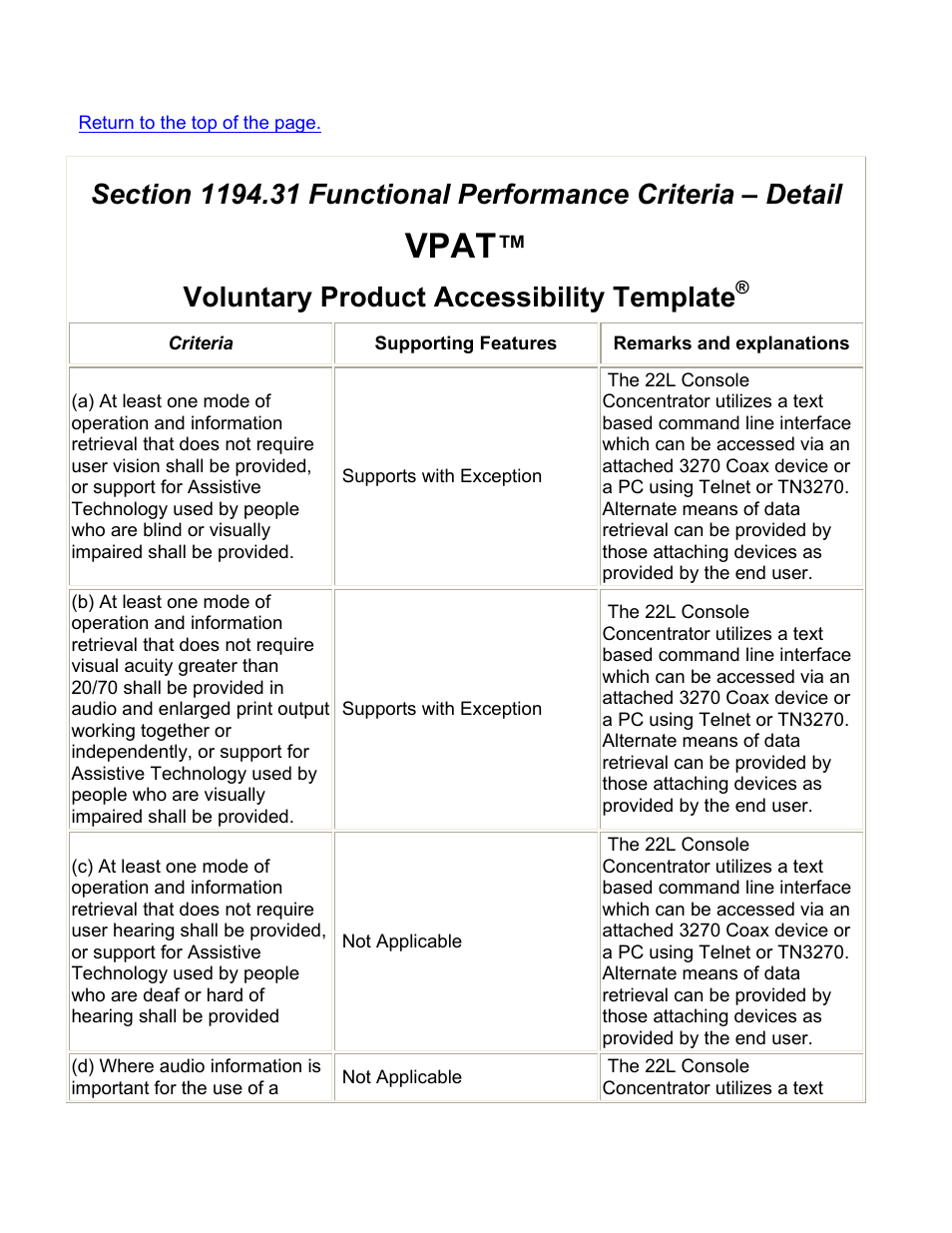 Vpat, Voluntary product accessibility template | Visara 22L User Manual | Page 16 / 18