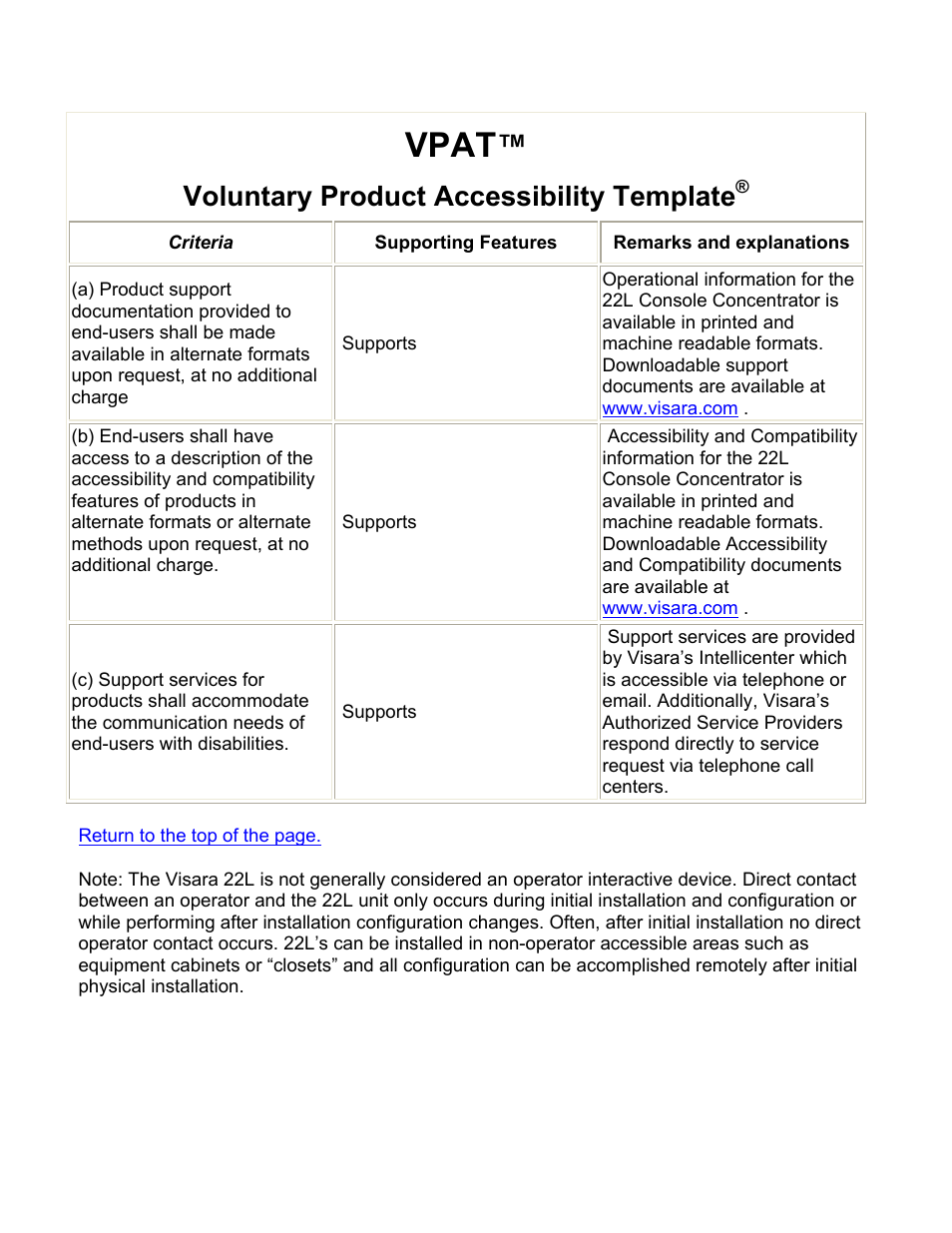 Vpat, Voluntary product accessibility template | Visara 22L User Manual | Page 18 / 18