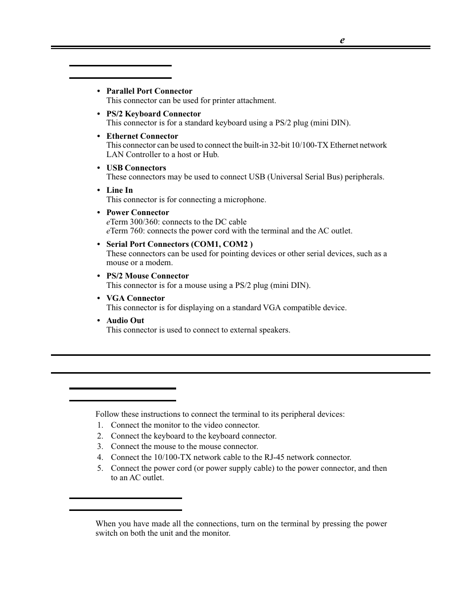 Connector introduction, Installation, Connecting the terminal | Powering on the terminal, Connector introduction -5, Installation -5 | Visara eTerm 300 User Manual | Page 11 / 64