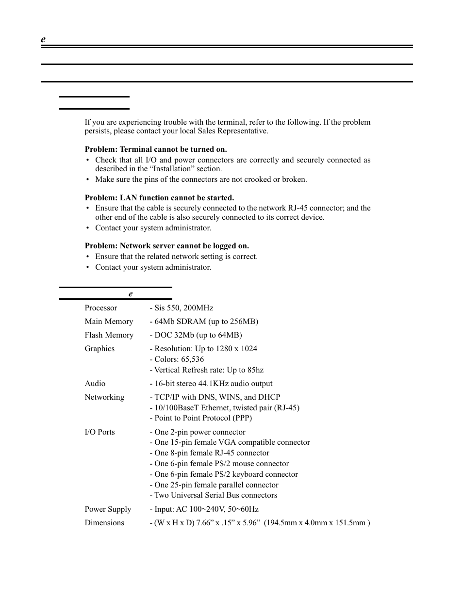 Appendices, Troubleshooting, Specifications - eterm 300 | Eterm 300, Appendices -6, Troubleshooting -6 specifications - eterm 300 -6 | Visara eTerm 300 User Manual | Page 12 / 64