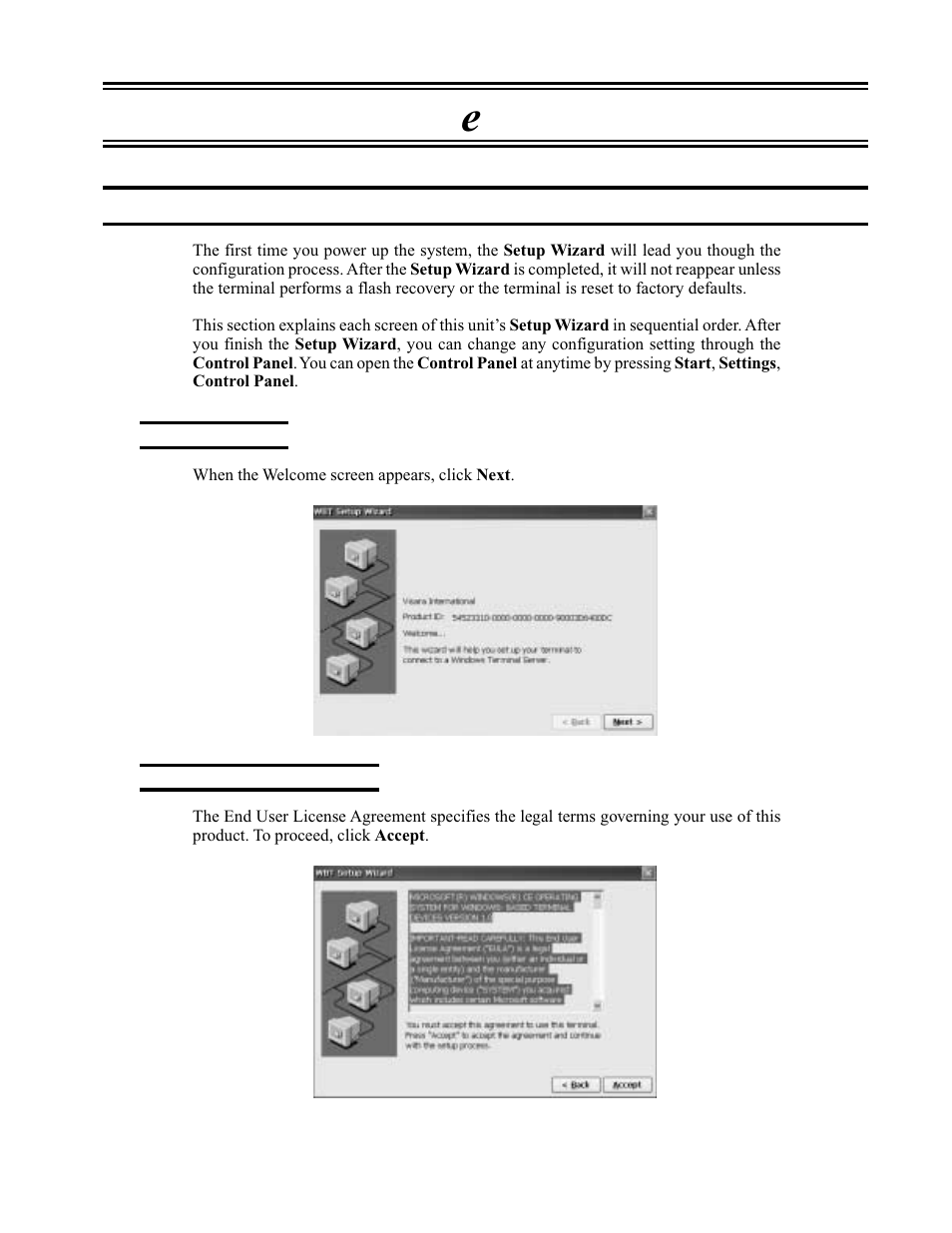 Chapter 2. eterm setup wizard, Configuring the unit, Welcome screen | License agreement screen, Eterm setup wizard, Chapter 2. eterm setup wizard -1, Configuring the unit -1, Welcome screen -1 license agreement screen -1, Chapter 2. e term setup wizard | Visara eTerm 300 User Manual | Page 15 / 64