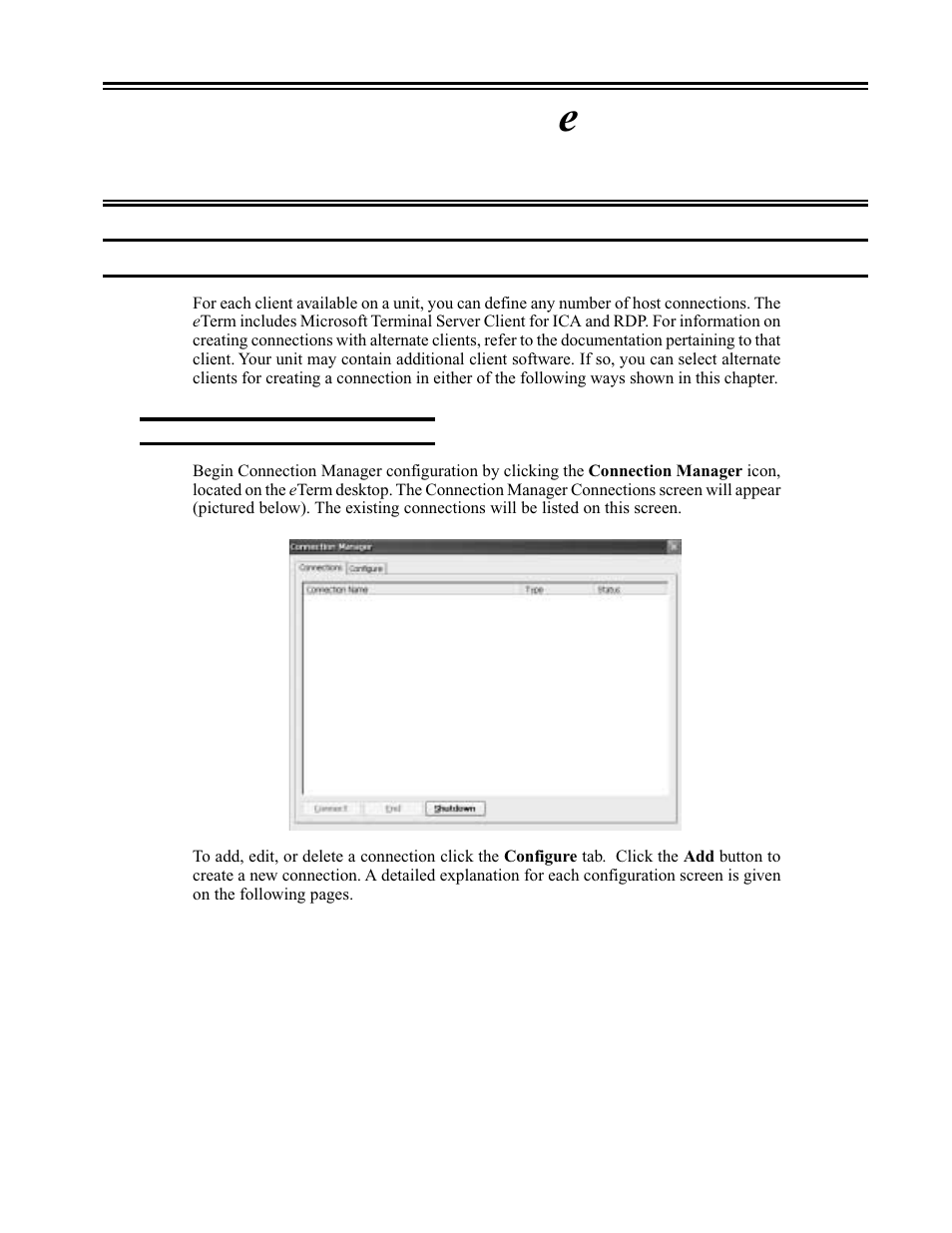 Chapter 3. eterm terminal connection, Creating connections to terminal server host, Configuring connection manager | Terminal connection, Chapter 3. eterm terminal connection -1, Creating connections to terminal server host -1, Configuring connection manager -1, Chapter 3. e term terminal connection | Visara eTerm 300 User Manual | Page 25 / 64