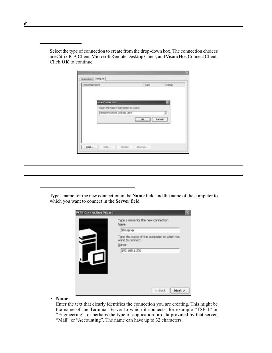 Microsoft remote desktop client connection, Specify connection name and server, Microsoft remote desktop client connection -2 | Visara eTerm 300 User Manual | Page 26 / 64