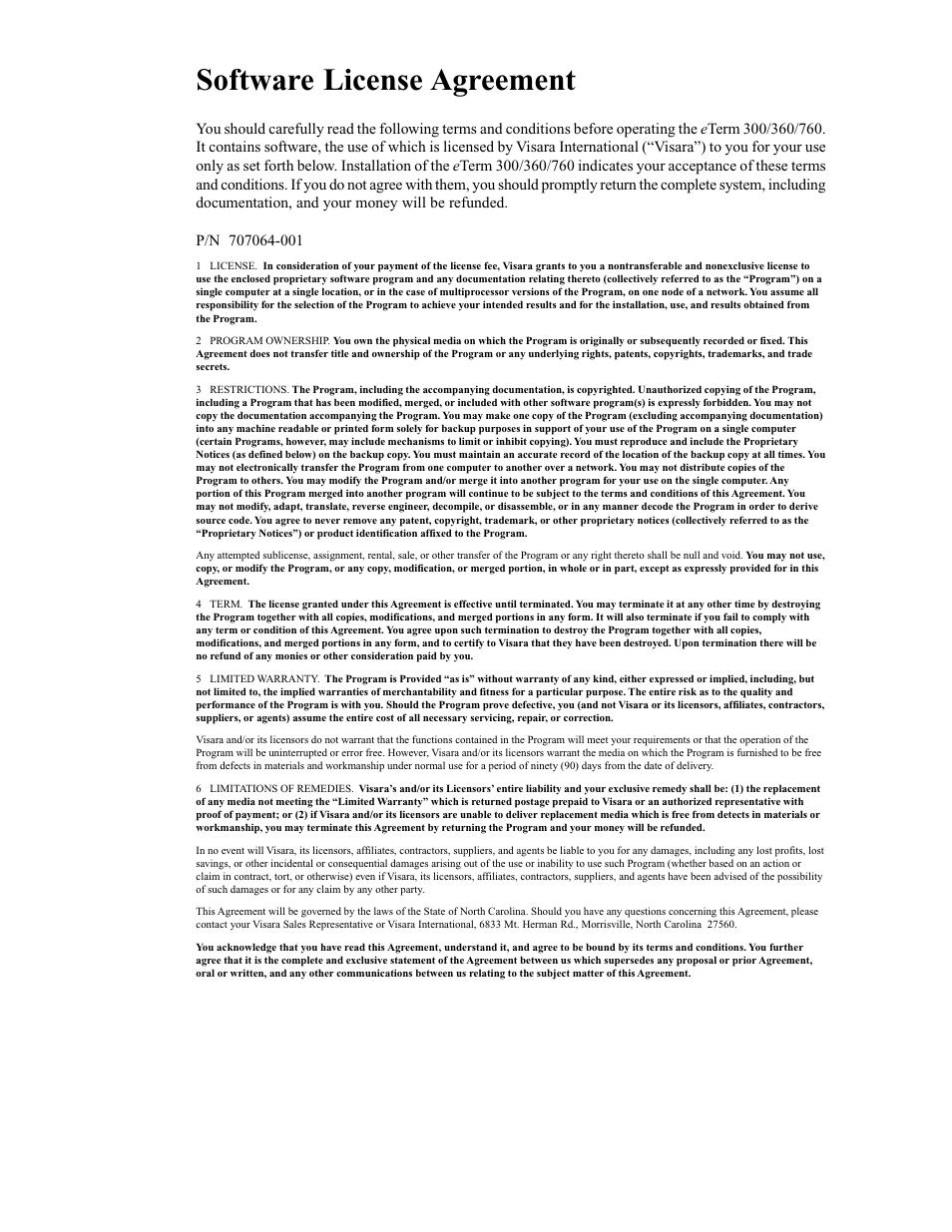 Software license agreement | Visara eTerm 300 User Manual | Page 3 / 64