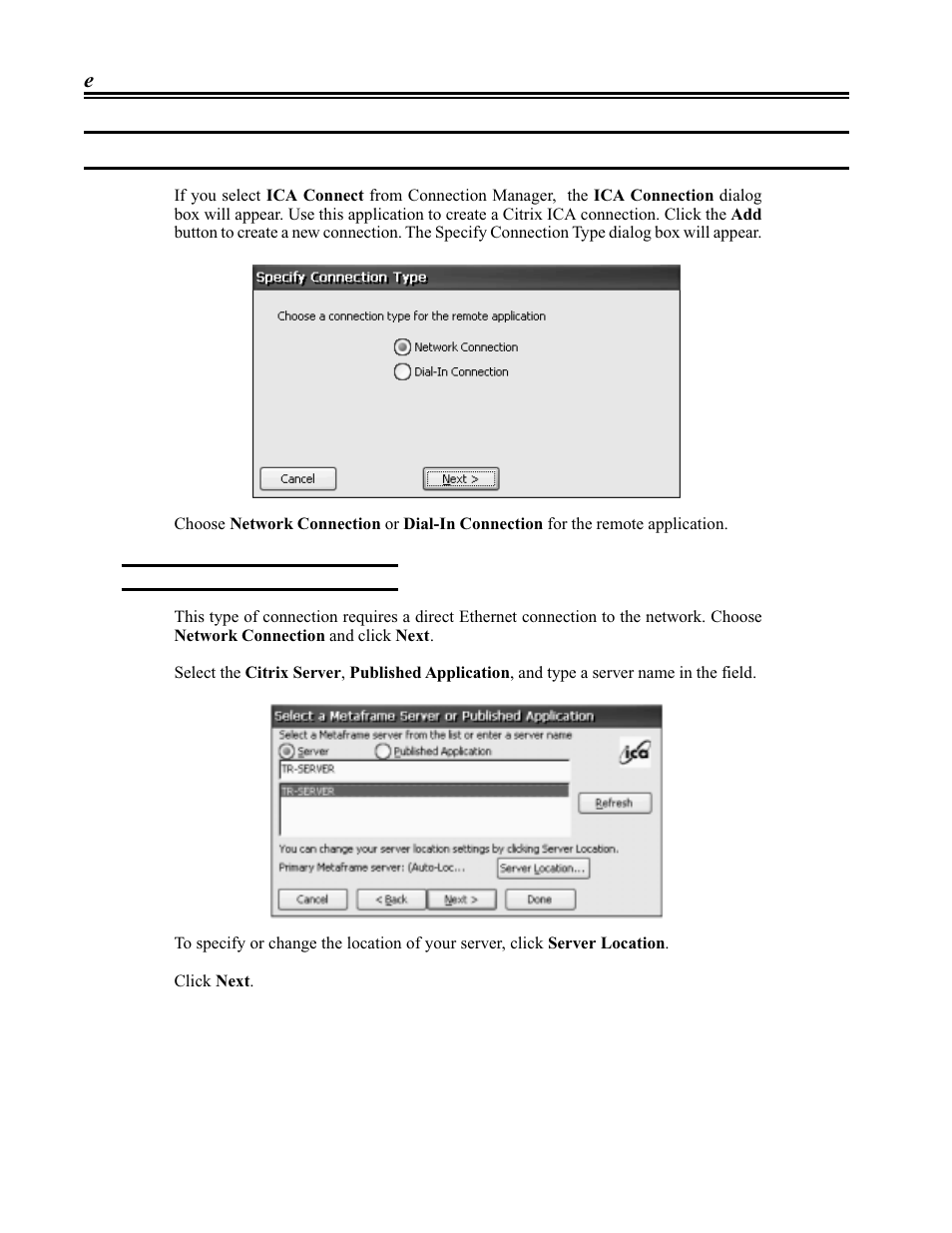 Citrix ica client connection, Creating a network connection, Citrix ica client | Citrix ica client connection -6, Creating a network connection -6 | Visara eTerm 300 User Manual | Page 30 / 64