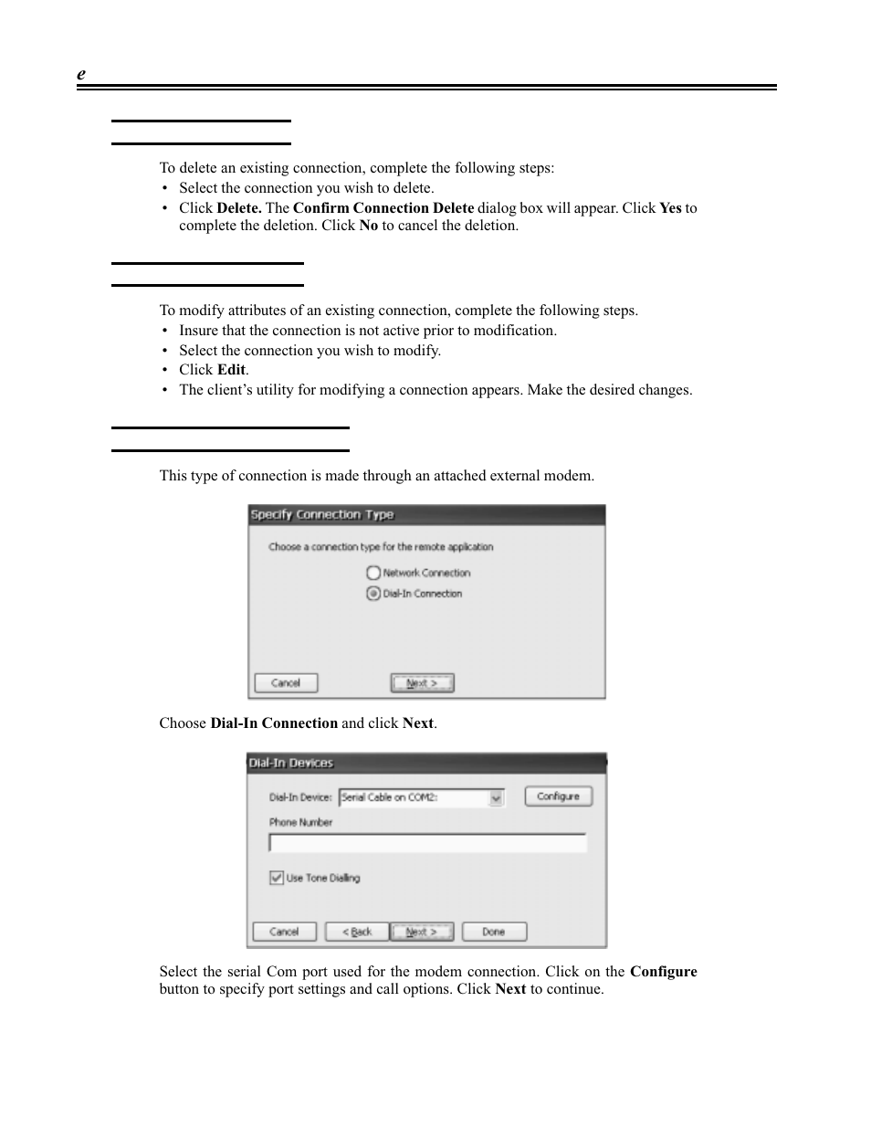 Deleting a connection, Modifying a connection, Creating a dial-in connection | Visara eTerm 300 User Manual | Page 34 / 64