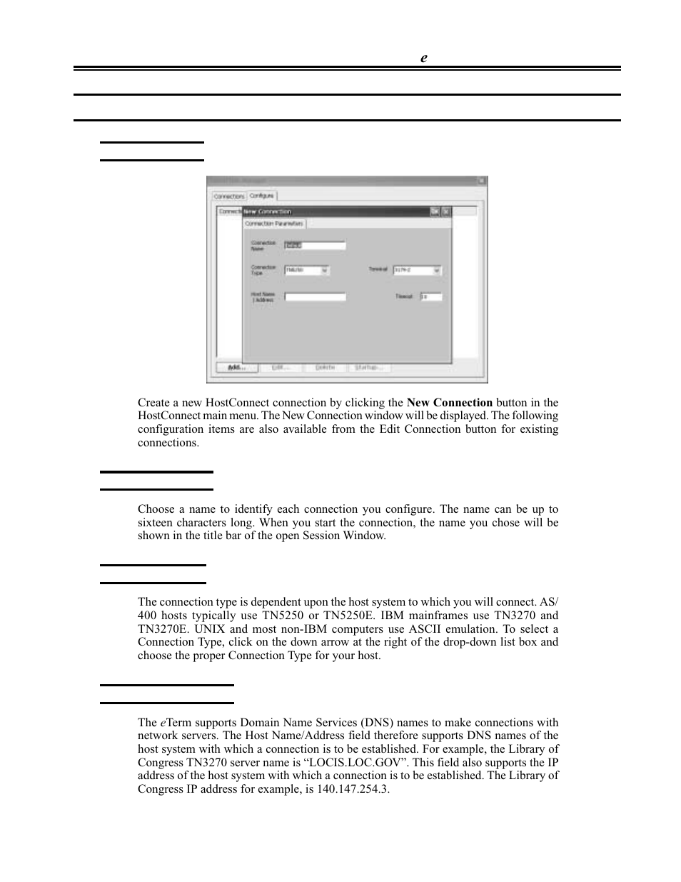 Configuring host connections, New connection, Connection name | Connection type, Host name / address, Configuring host connections -15 | Visara eTerm 300 User Manual | Page 39 / 64