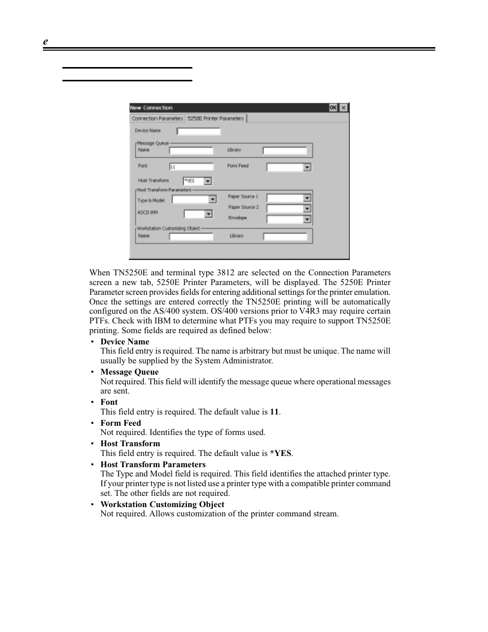 Printer parameters, tn5250e, Printer parameters, tn5250e -18 | Visara eTerm 300 User Manual | Page 42 / 64