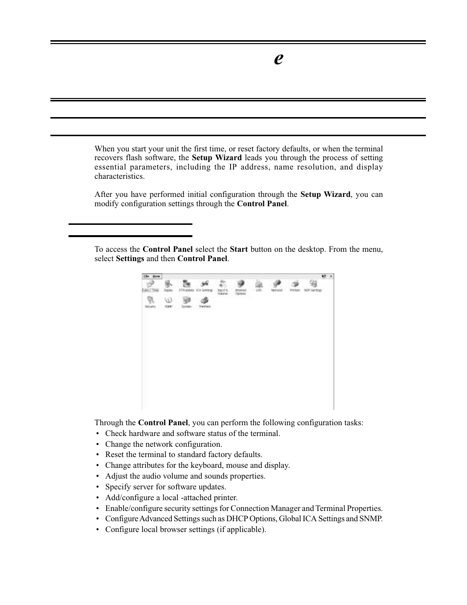 Chapter 4. eterm terminal properties, Configuring the unit via control panel, Accessing the control panel | Terminal properties, Chapter 4. eterm terminal properties -1, Configuring the unit via control panel -1, Accessing the control panel -1, Chapter 4, Eterm terminal properties | Visara eTerm 300 User Manual | Page 45 / 64