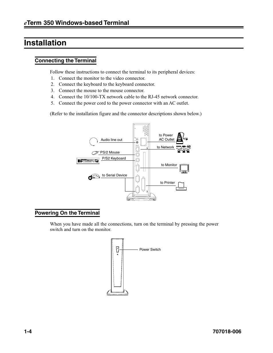 Installation, Connecting the terminal, Powering on the terminal | Installation -4, Eterm 350 windows-based terminal | Visara eTerm 350 User Manual | Page 10 / 70