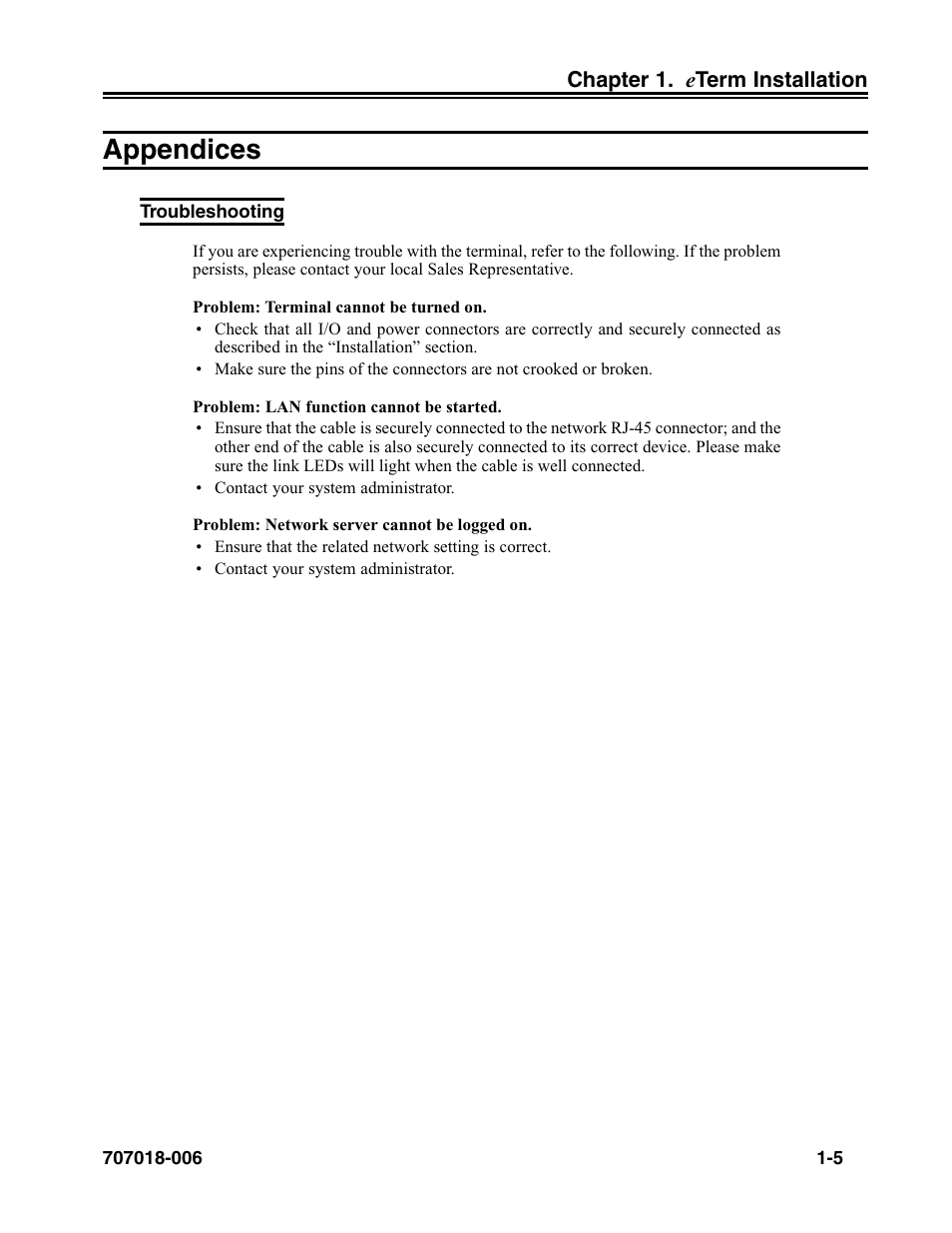 Appendices, Troubleshooting, Appendices -5 | Troubleshooting -5 | Visara eTerm 350 User Manual | Page 11 / 70