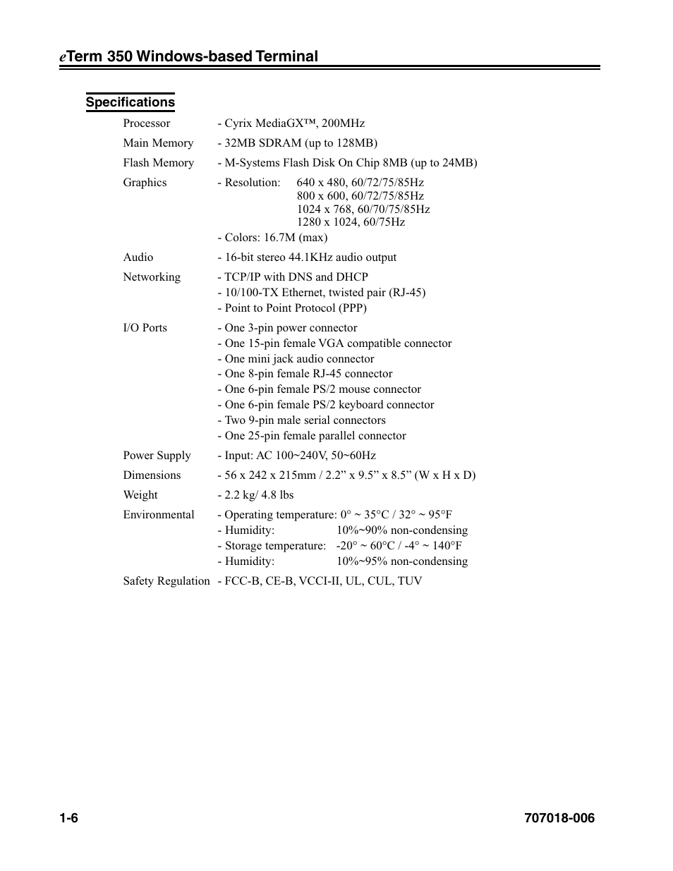 Specifications, Specifications -6, Eterm 350 windows-based terminal | Visara eTerm 350 User Manual | Page 12 / 70