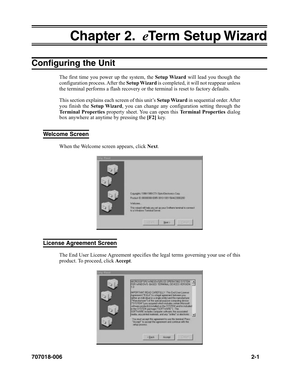 Chapter 2. eterm setup wizard, Configuring the unit, Welcome screen | License agreement screen, Chapter 2. e term setup wizard -1, Configuring the unit -1, Welcome screen -1 license agreement screen -1, Chapter 2. e term setup wizard | Visara eTerm 350 User Manual | Page 13 / 70