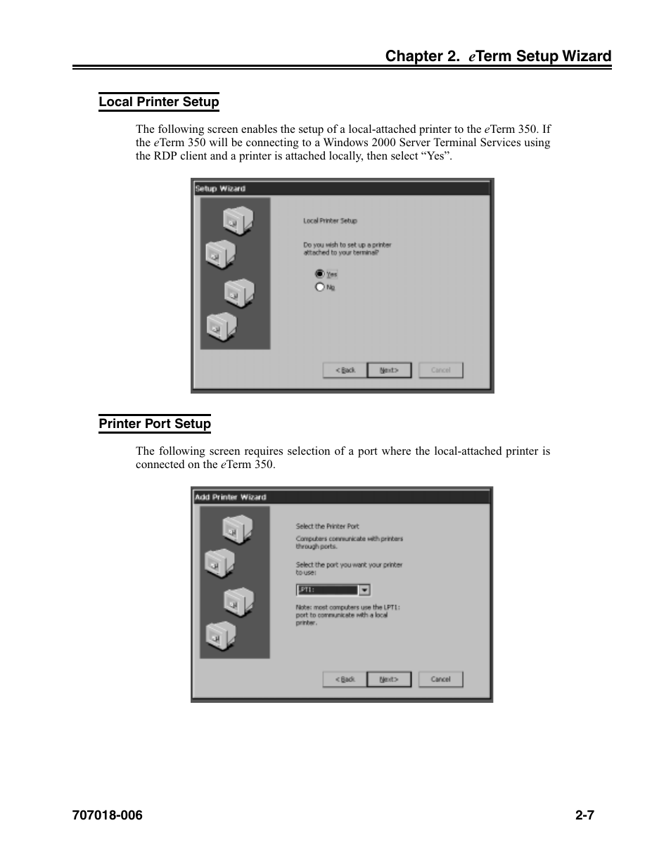 Local printer setup, Printer port setup, Local printer setup -7 printer port setup -7 | Visara eTerm 350 User Manual | Page 19 / 70