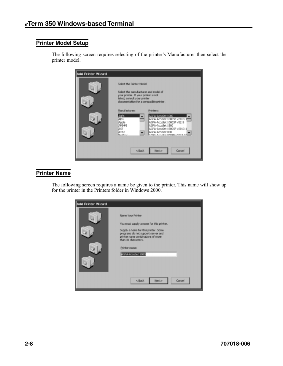 Printer model setup, Printer name, Printer model setup -8 printer name -8 | Visara eTerm 350 User Manual | Page 20 / 70