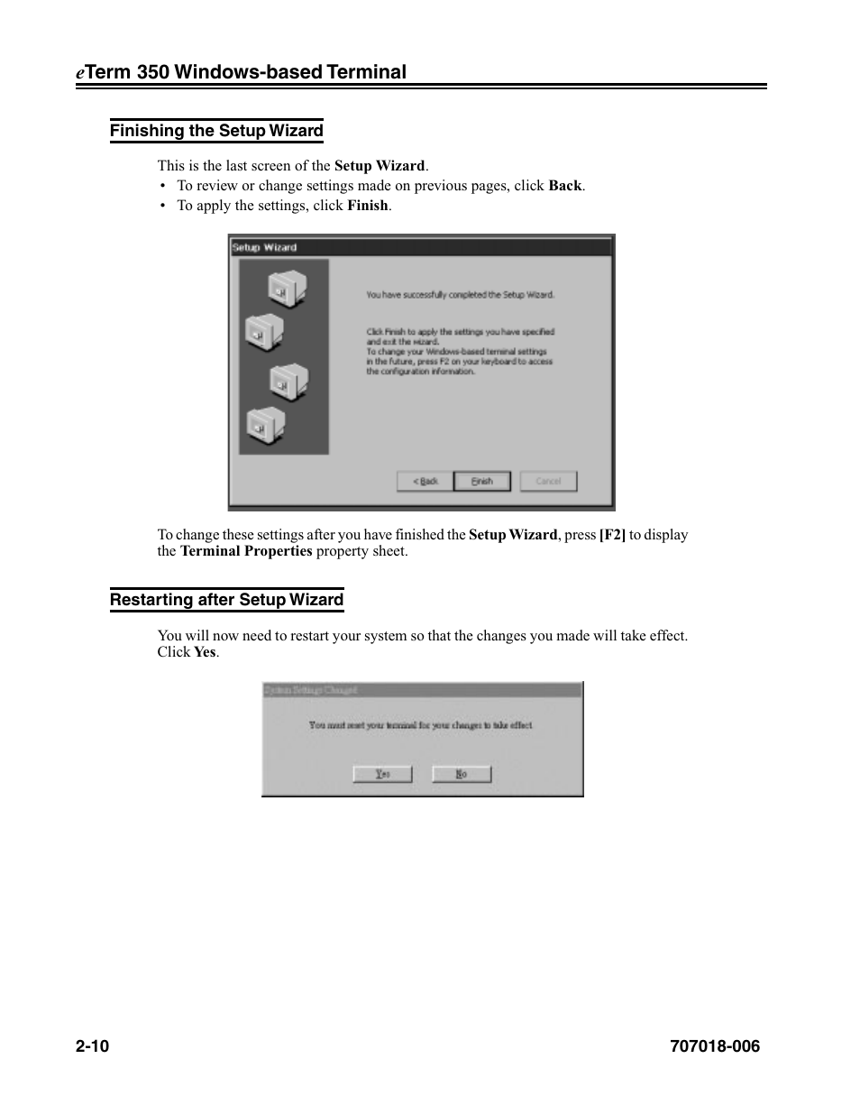 Finishing the setup wizard, Restarting after setup wizard | Visara eTerm 350 User Manual | Page 22 / 70