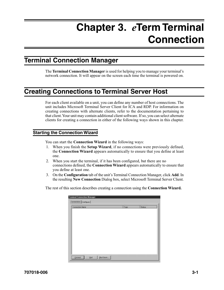 Chapter 3. eterm terminal connection, Terminal connection manager, Creating connections to terminal server host | Starting the connection wizard, Chapter 3. e term terminal connection -1, Starting the connection wizard -1, Chapter 3. e term terminal connection | Visara eTerm 350 User Manual | Page 23 / 70