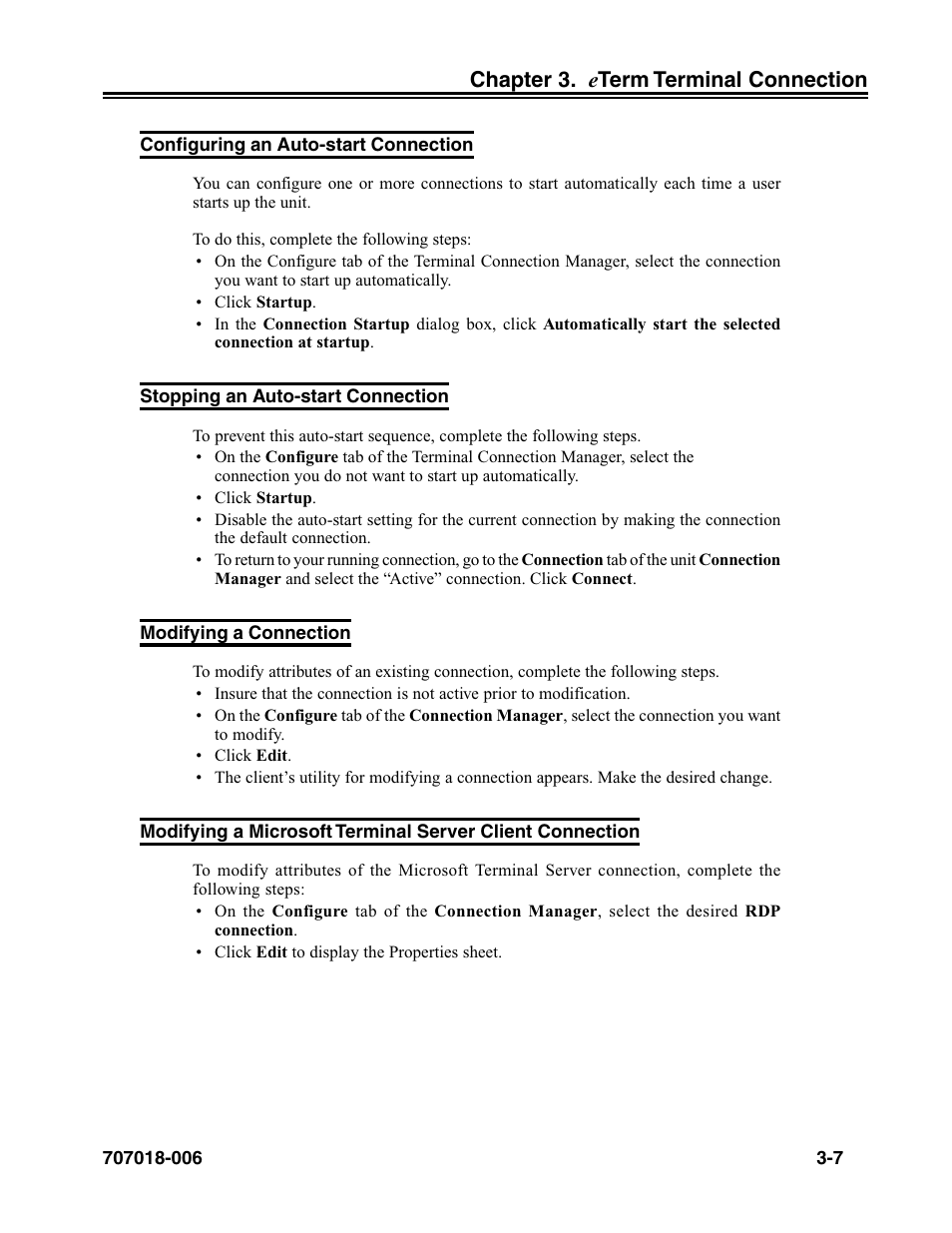 Configuring an auto-start connection, Stopping an auto-start connection, Modifying a connection | Visara eTerm 350 User Manual | Page 29 / 70