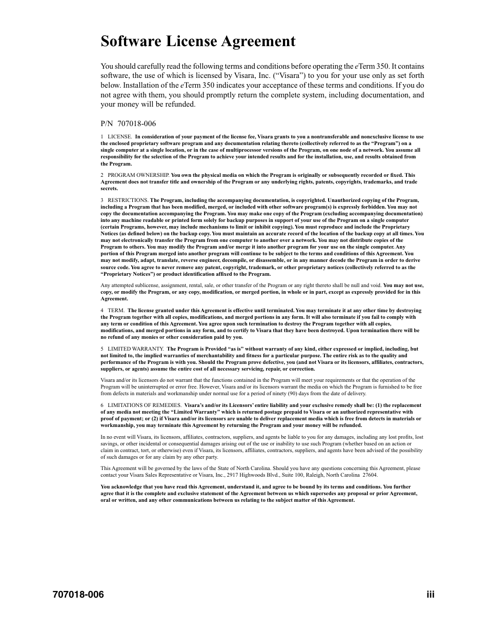 Software license agreement | Visara eTerm 350 User Manual | Page 3 / 70