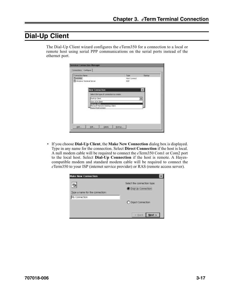 Dial-up client, Dial-up client -17 | Visara eTerm 350 User Manual | Page 39 / 70