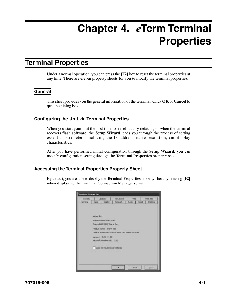 Chapter 4. eterm terminal properties, Terminal properties, General | Configuring the unit via terminal properties, Accessing the terminal properties property sheet, Chapter 4. e term terminal properties -1, Terminal properties -1, Chapter 4, Eterm terminal properties | Visara eTerm 350 User Manual | Page 43 / 70