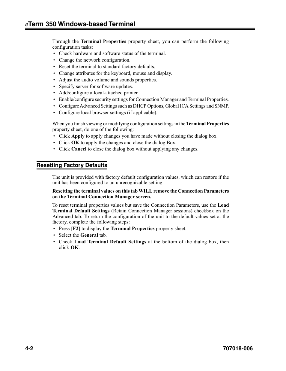 Resetting factory defaults, Resetting factory defaults -2 | Visara eTerm 350 User Manual | Page 44 / 70