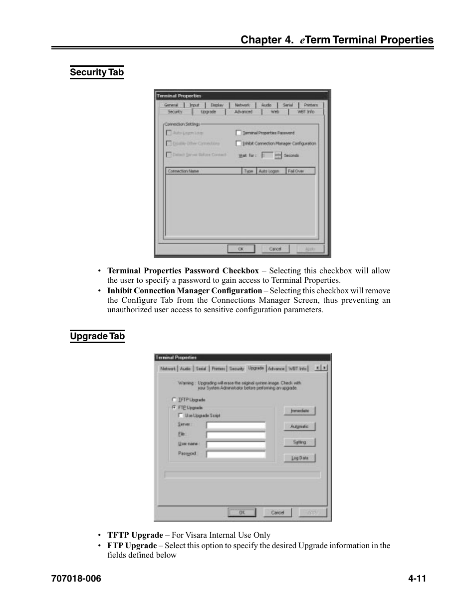 Security tab, Upgrade tab, Security tab -11 upgrade tab -11 | Visara eTerm 350 User Manual | Page 53 / 70