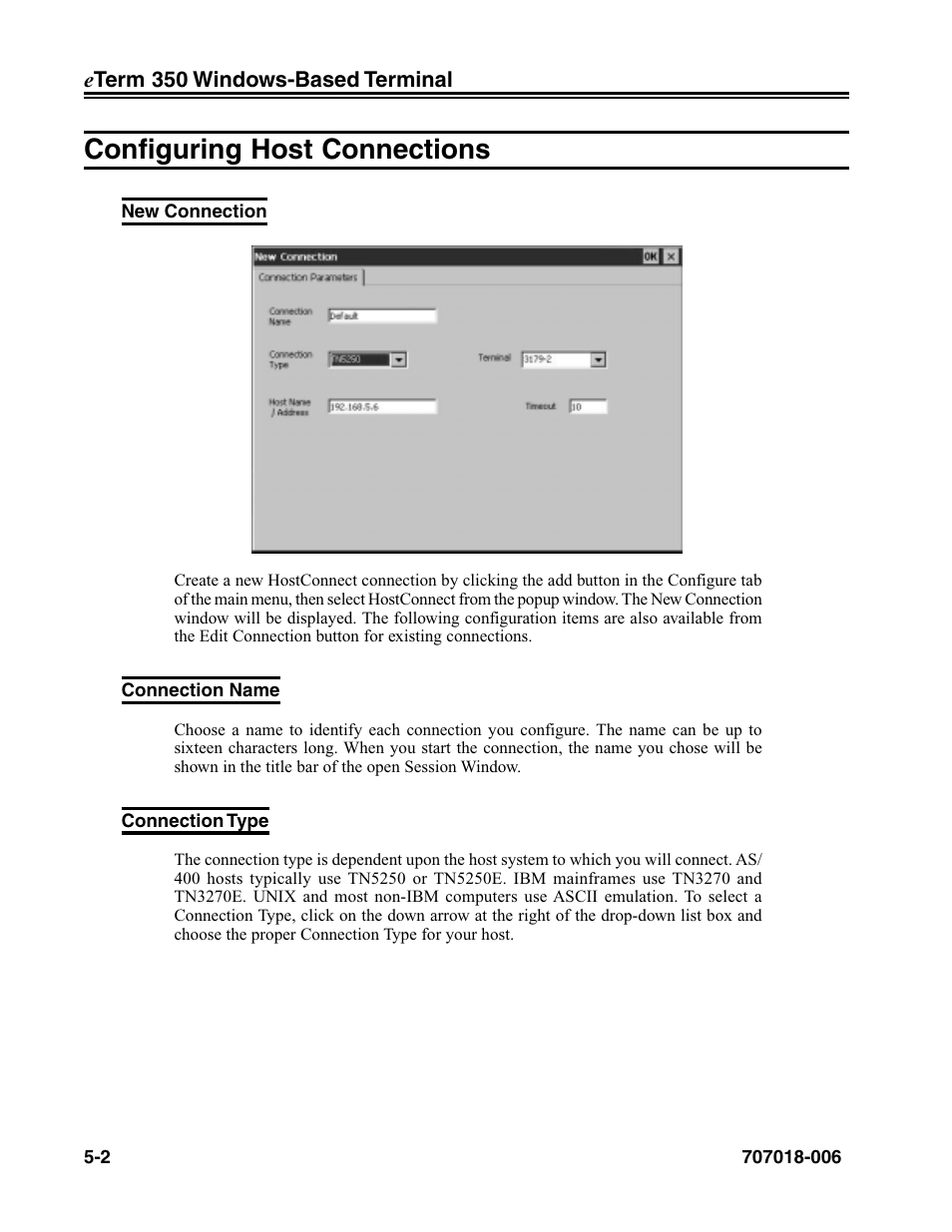 Configuring host connections, New connection, Connection name | Connection type, Configuring host connections -2 | Visara eTerm 350 User Manual | Page 64 / 70