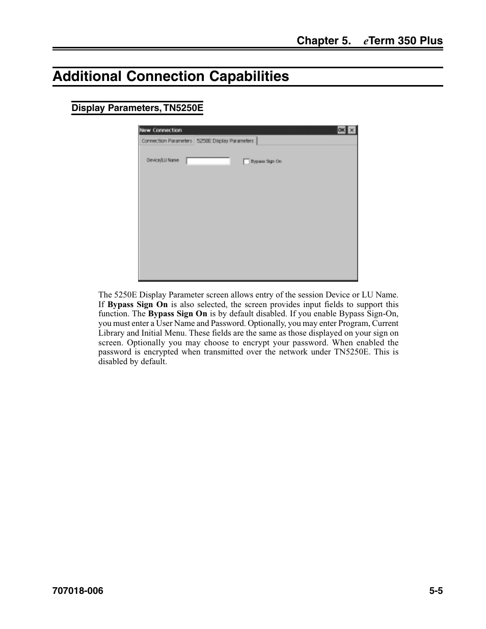 Additional connection capabilities, Display parameters, tn5250e, Additional connection capabilities -5 | Display parameters, tn5250e -5 | Visara eTerm 350 User Manual | Page 67 / 70