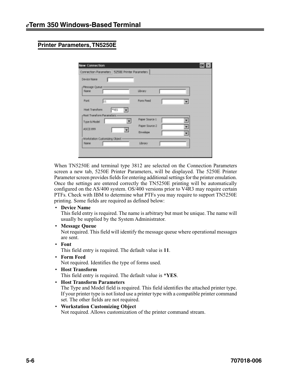 Printer parameters, tn5250e, Printer parameters, tn5250e -6 | Visara eTerm 350 User Manual | Page 68 / 70