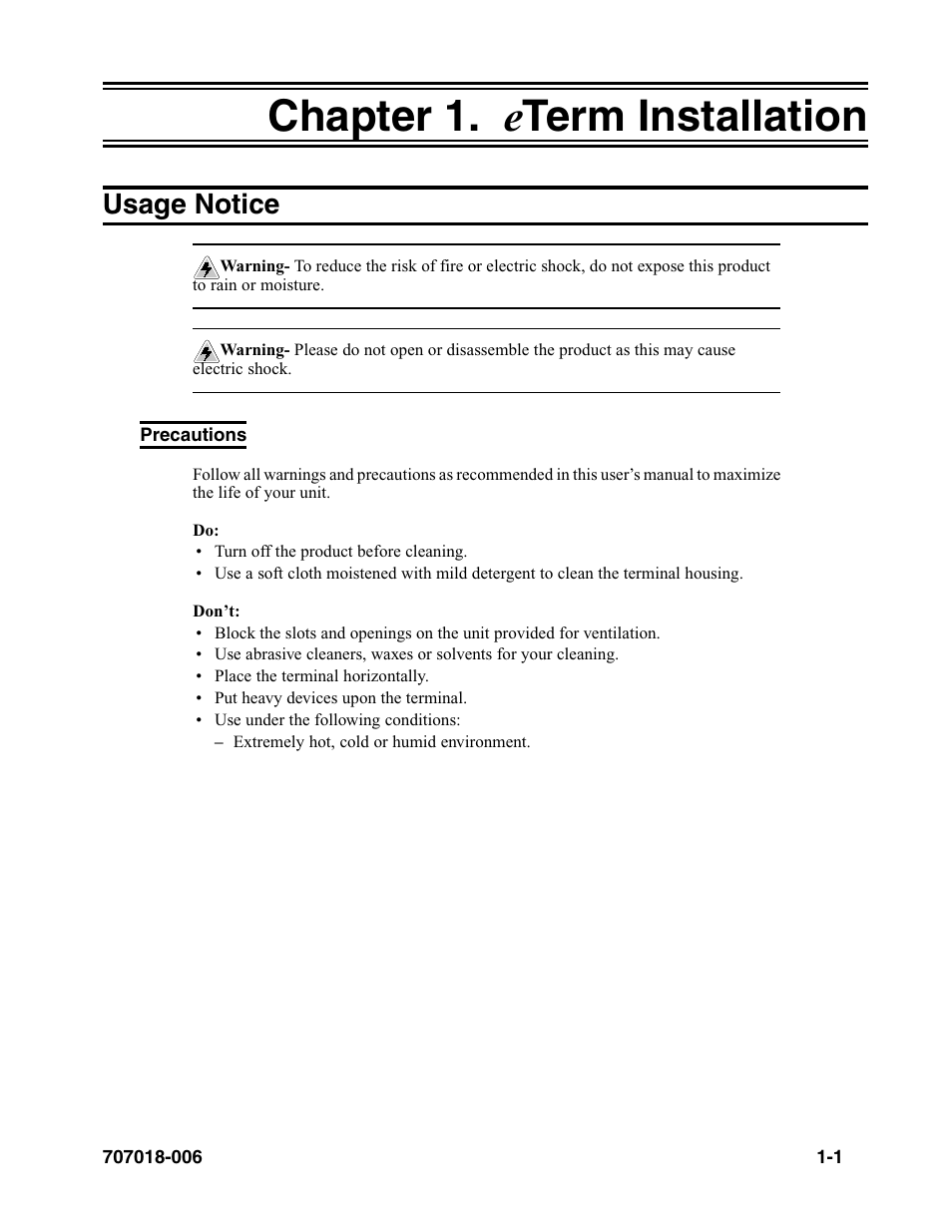 Chapter 1. eterm installation, Usage notice, Precautions | Chapter 1. e term installation -1, Usage notice -1, Precautions -1, Chapter 1. e term installation | Visara eTerm 350 User Manual | Page 7 / 70