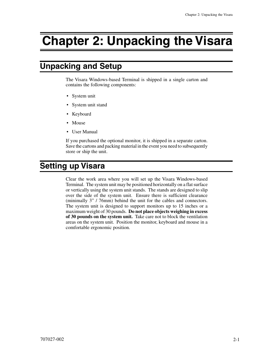 Chapter 2: unpacking the visara, Unpacking and setup, Setting up visara | Chapter 2: unpacking the visara -1, Unpacking and setup -1 setting up visara -1 | Visara 410 User Manual | Page 15 / 86