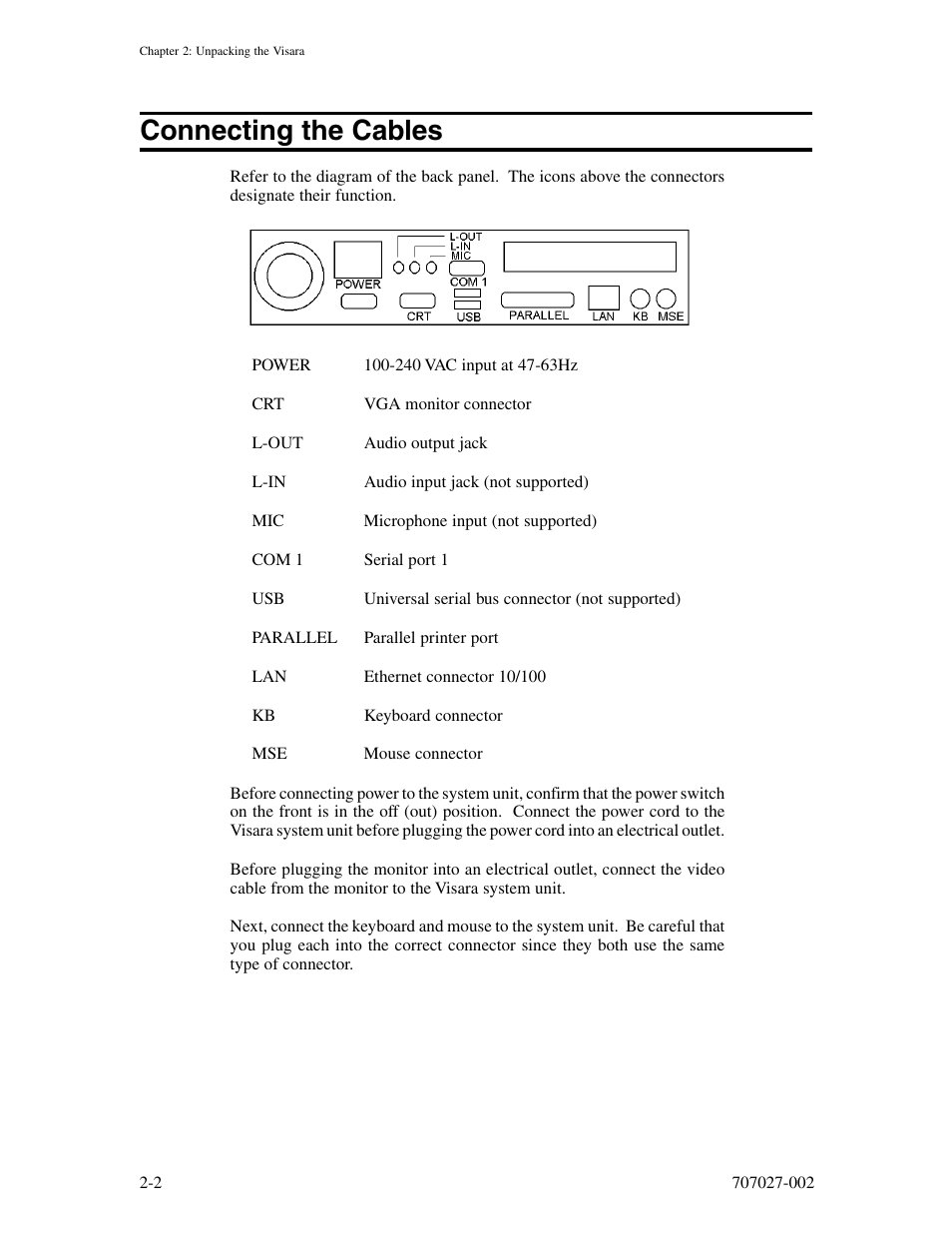 Connecting the cables, Connecting the cables -2 | Visara 410 User Manual | Page 16 / 86