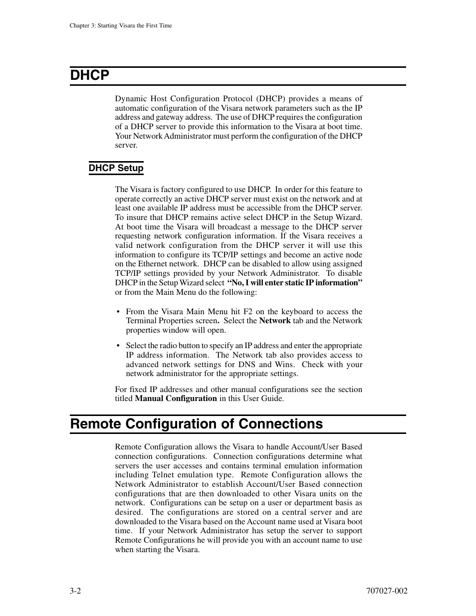 Dhcp, Dhcp setup, Remote configuration of connections | Dhcp -2, Dhcp setup -2, Remote configuration of connections -2 | Visara 410 User Manual | Page 20 / 86