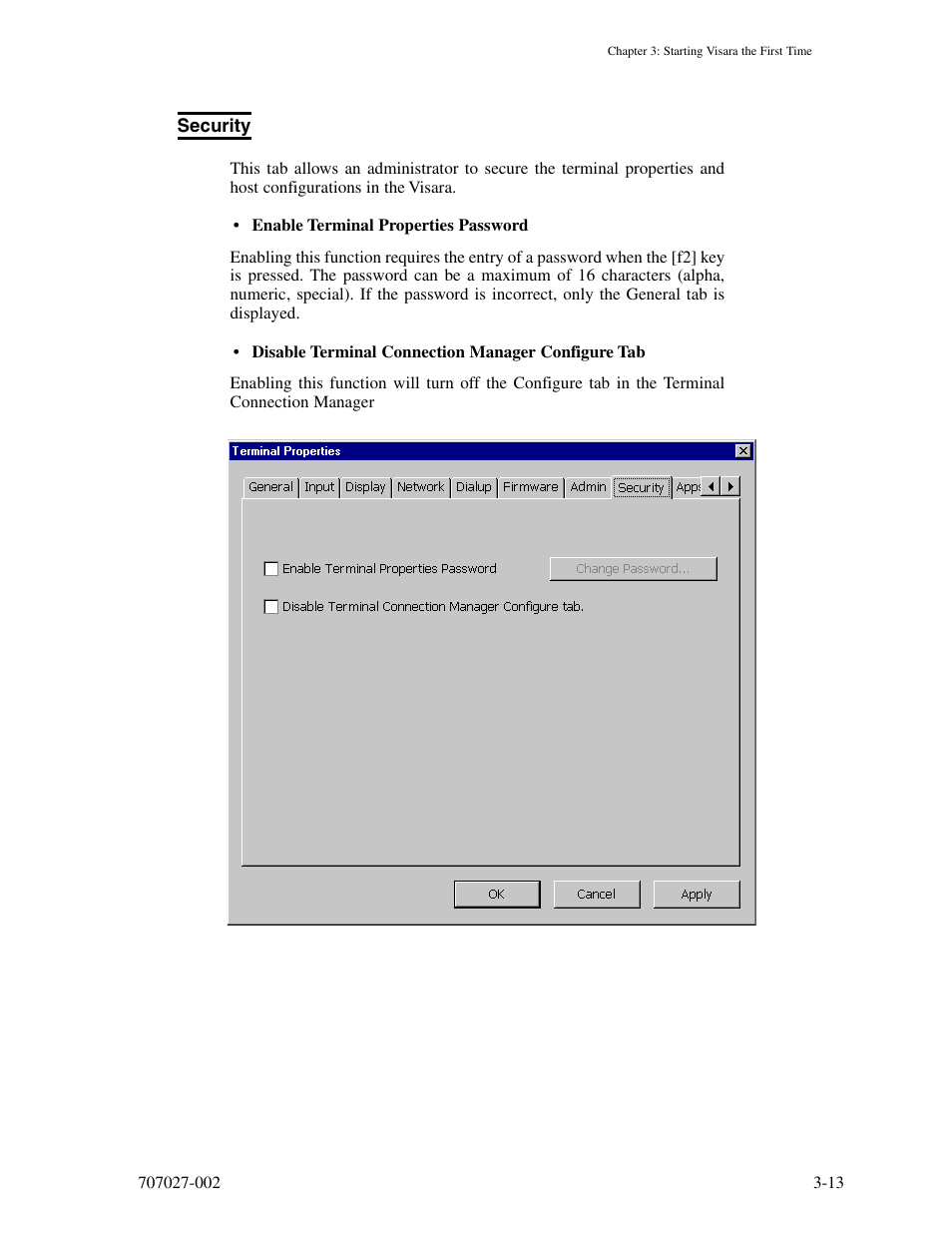 Security, Security -13 | Visara 410 User Manual | Page 31 / 86