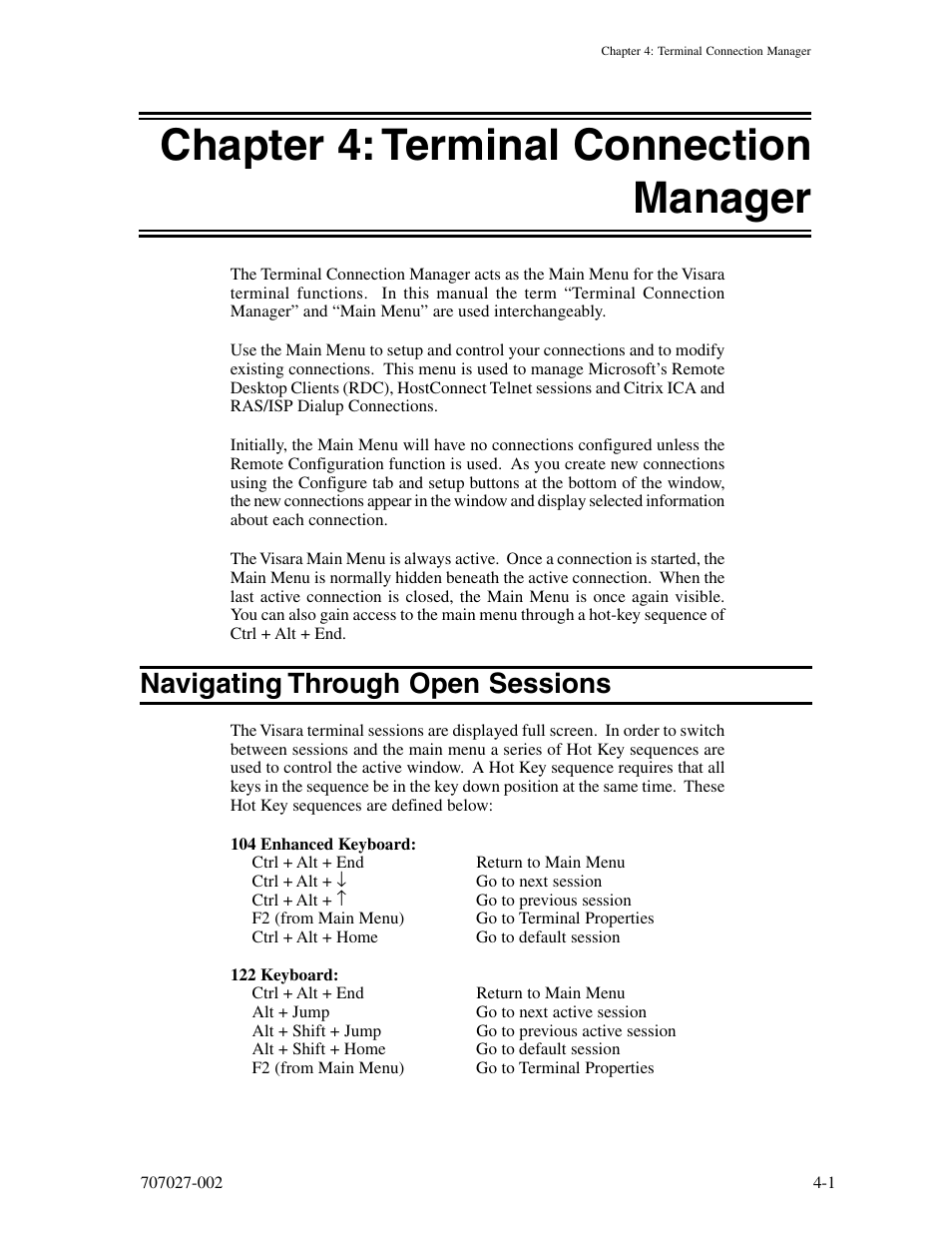Chapter 4: terminal connection manager, Navigating through open sessions, Chapter 4: terminal connection manager -1 | Navigating through open sessions -1 | Visara 410 User Manual | Page 35 / 86