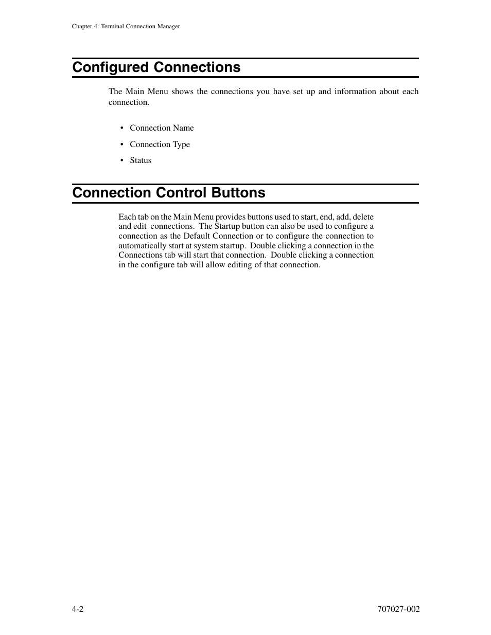 Configured connections, Connection control buttons | Visara 410 User Manual | Page 36 / 86