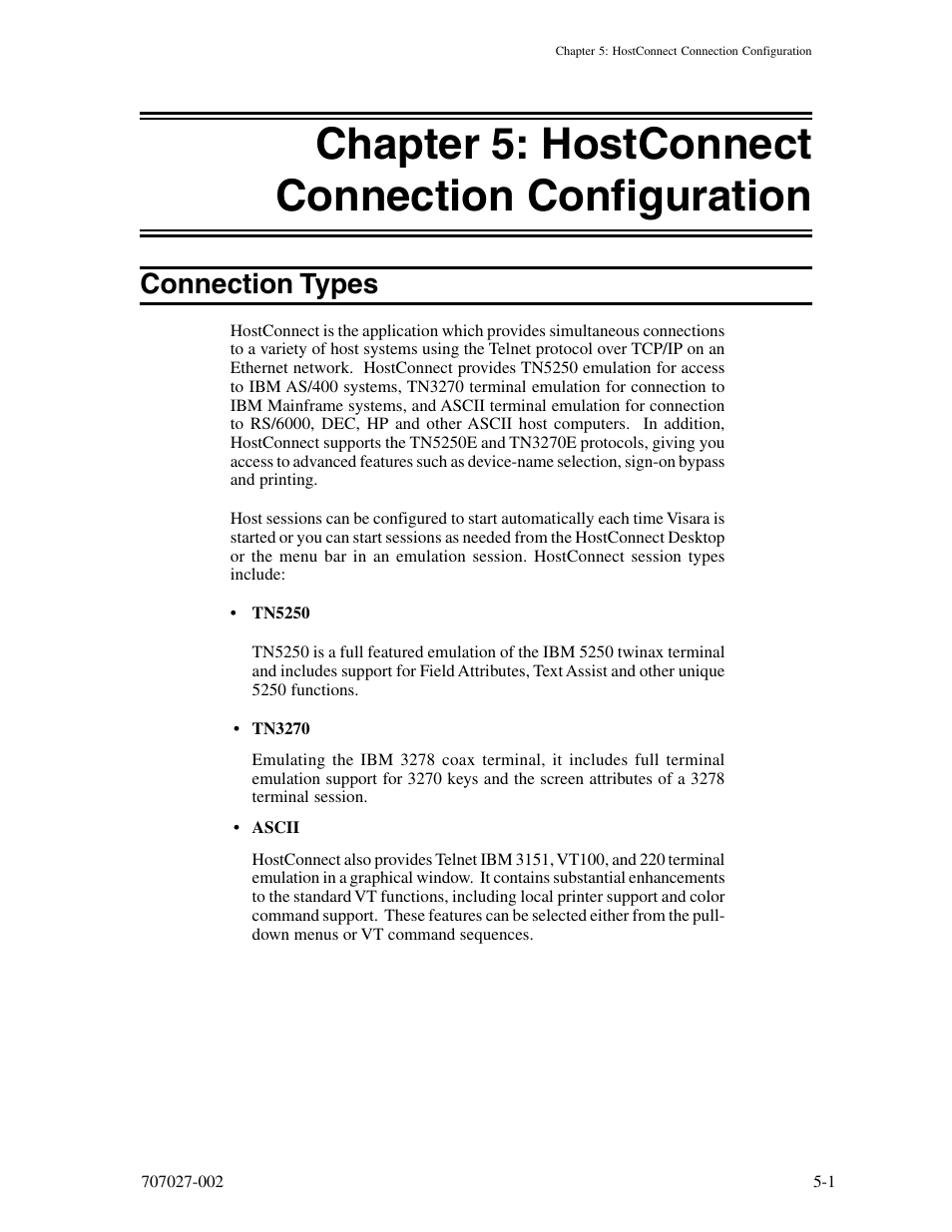 Chapter 5: hostconnect connection configuration, Connection types, Chapter 5: hostconnect connection configuration -1 | Connection types -1 | Visara 410 User Manual | Page 37 / 86