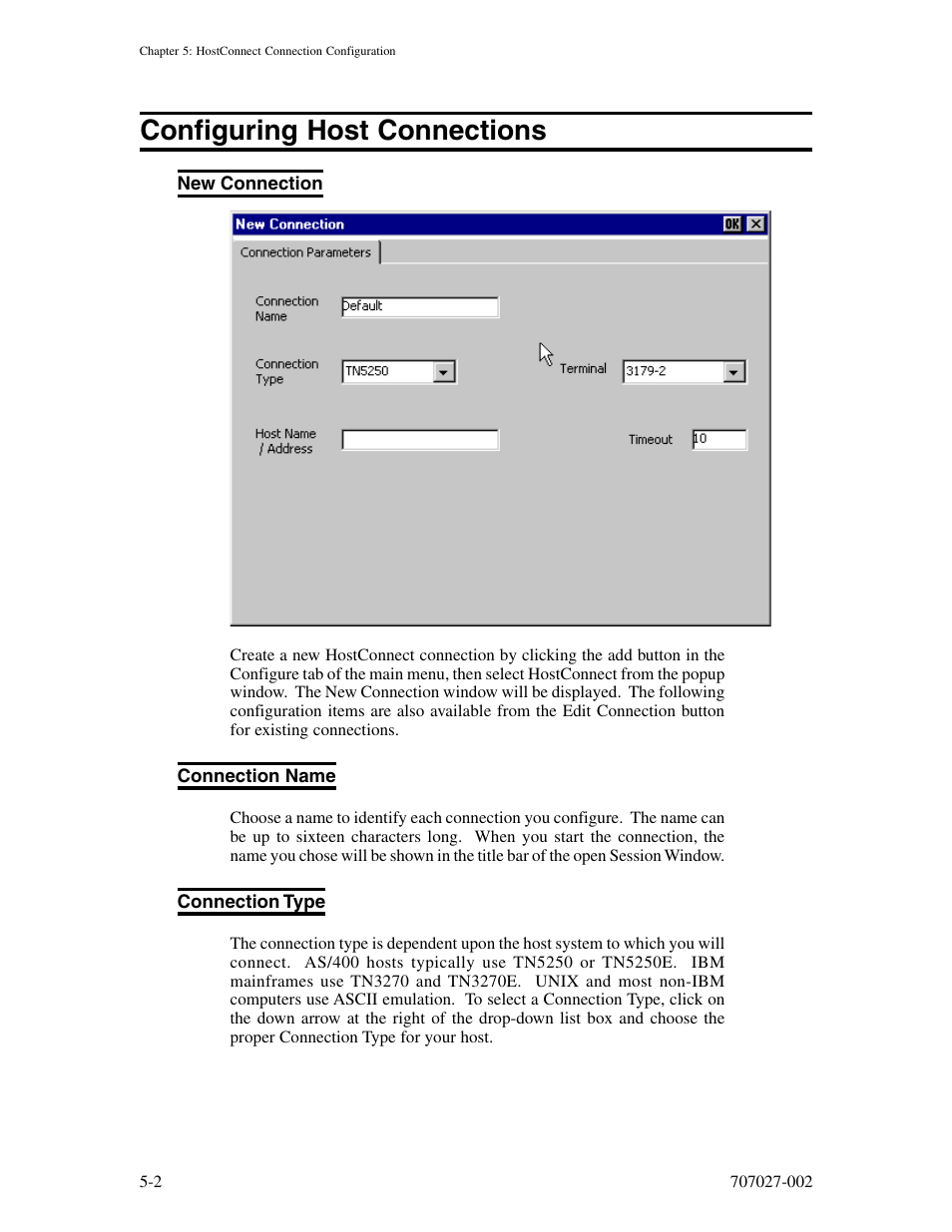 Configuring host connections, New connection, Connection name | Connection type, Configuring host connections -2 | Visara 410 User Manual | Page 38 / 86