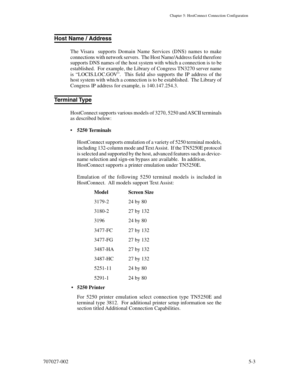 Host name / address, Terminal type, Host name / address -3 terminal type -3 | Visara 410 User Manual | Page 39 / 86