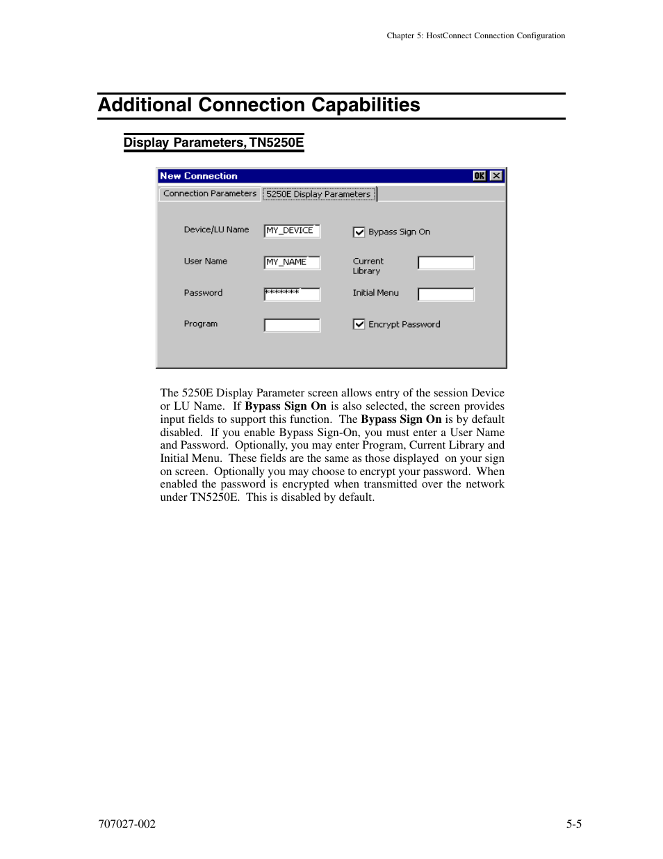 Additional connection capabilities, Display parameters, tn5250e, Additional connection capabilities -5 | Display parameters, tn5250e -5 | Visara 410 User Manual | Page 41 / 86