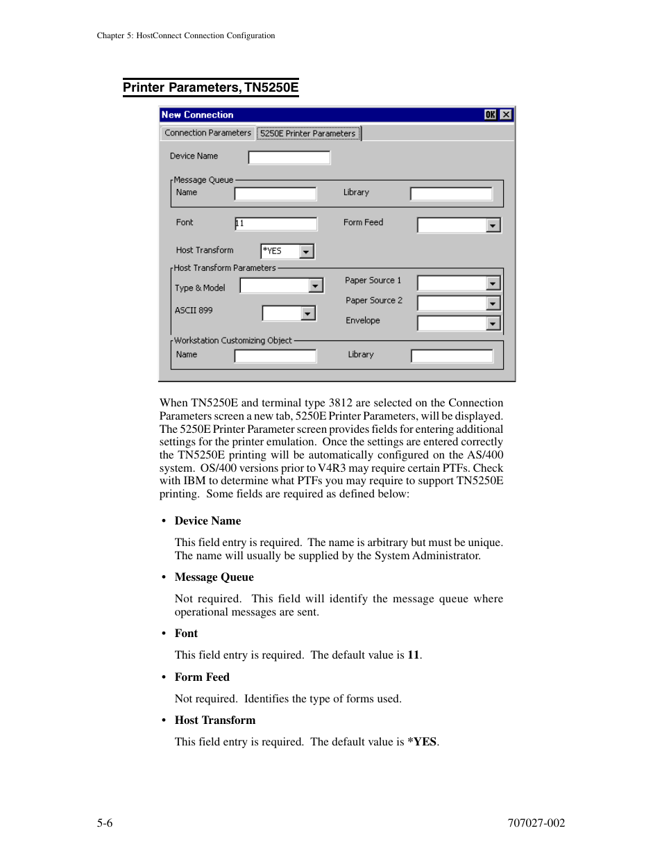 Printer parameters, tn5250e, Printer parameters, tn5250e -6 | Visara 410 User Manual | Page 42 / 86