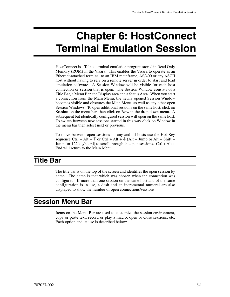 Chapter 6: hostconnect terminal emulation session, Title bar, Session menu bar | Title bar -1 session menu bar -1 | Visara 410 User Manual | Page 45 / 86