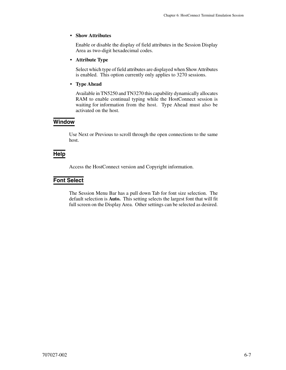 Window, Help, Font select | Window -7 help -7 font select -7 | Visara 410 User Manual | Page 51 / 86