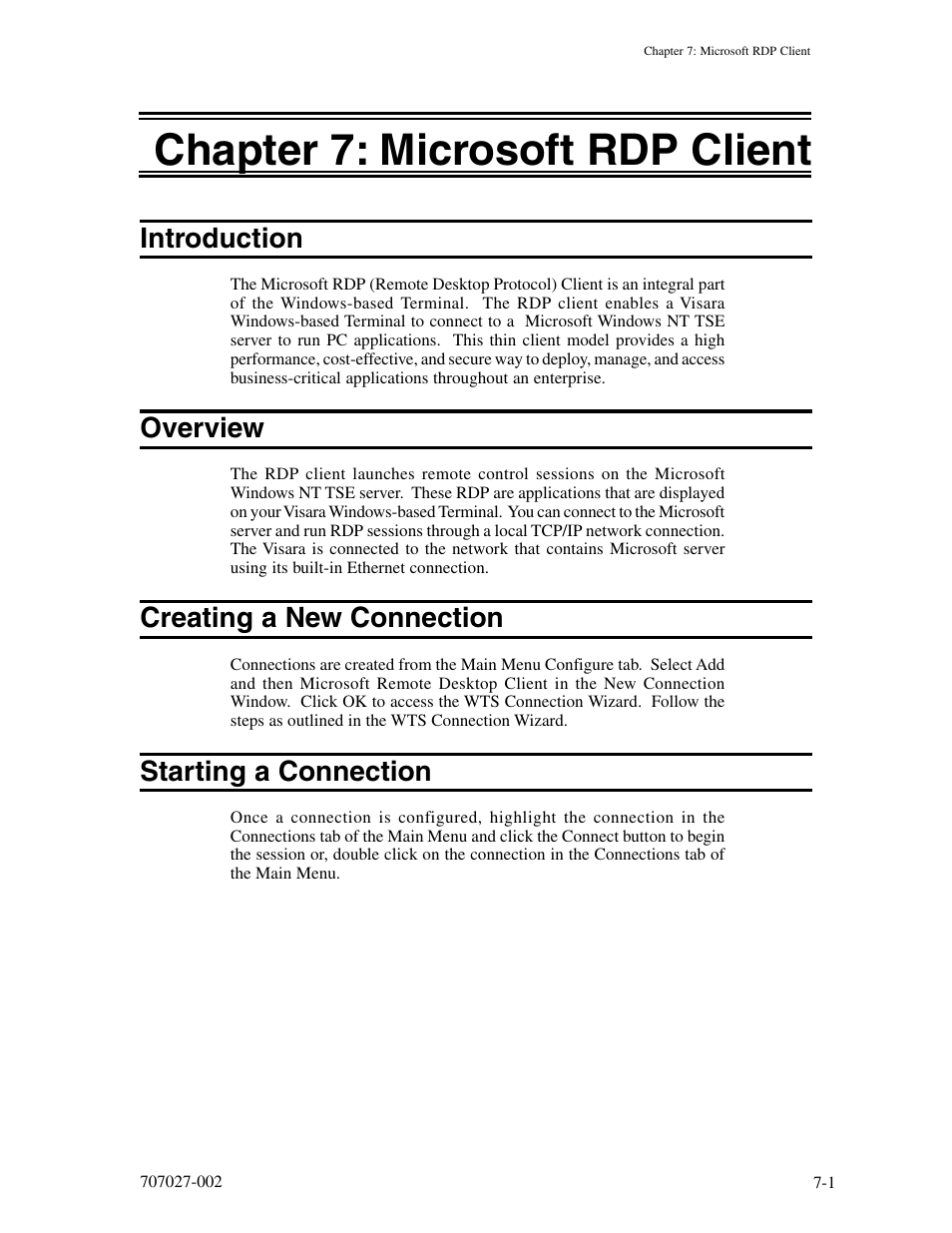 Chapter 7: microsoft rdp client, Introduction, Overview | Creating a new connection, Starting a connection, Chapter 7: microsoft rdp client -1 | Visara 410 User Manual | Page 55 / 86
