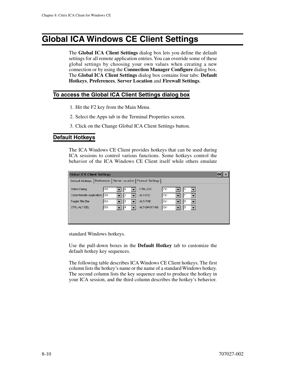 Global ica windows ce client settings, Default hotkeys, Global ica windows ce client settings -10 | Visara 410 User Manual | Page 66 / 86