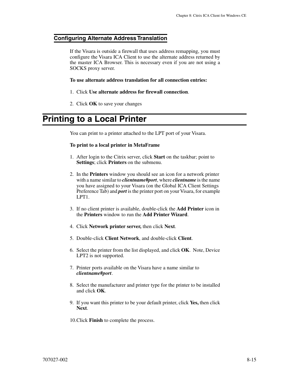 Configuring alternate address translation, Printing to a local printer, Configuring alternate address translation -15 | Printing to a local printer -15 | Visara 410 User Manual | Page 71 / 86