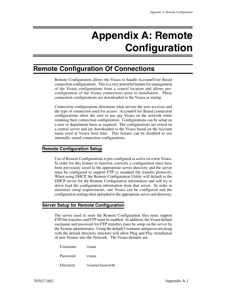 Appendix a: remote configuration, Remote configuration of connections, Remote configuration setup | Server setup for remote configuration | Visara 410 User Manual | Page 73 / 86