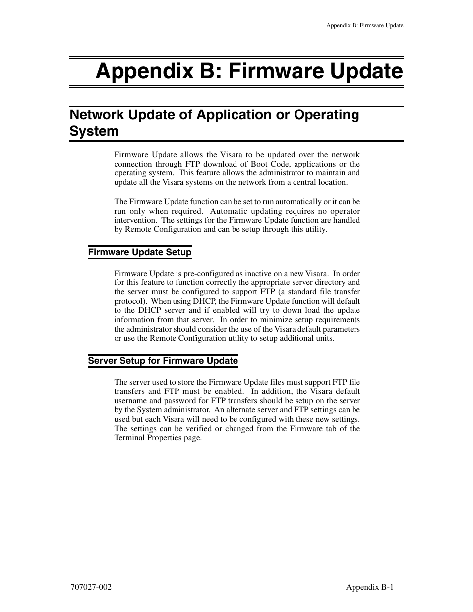 Appendix b: firmware update, Network update of application or operating system, Firmware update setup | Server setup for firmware update | Visara 410 User Manual | Page 77 / 86