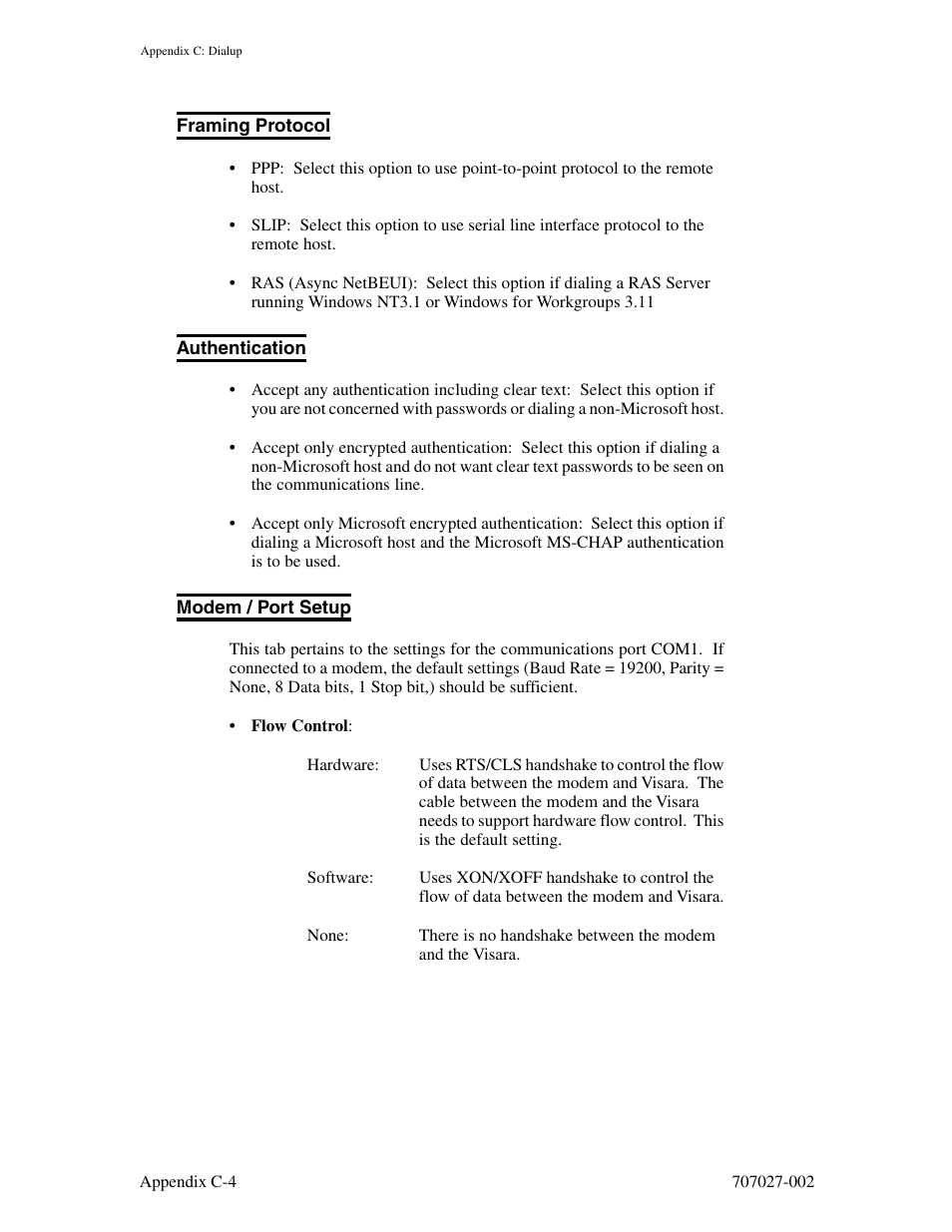 Framing protocol, Authentication, Modem / port setup | Visara 410 User Manual | Page 84 / 86